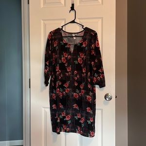 Red flower print, black striped background, dress,